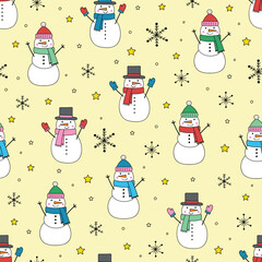 Christmas seamless pattern with cartoon snowman and snowflakes. Vector illustration