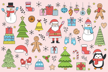 Collection of cartoon Christmas ornaments. Holiday icons: Santa Claus, snowman, cookie and tree. Vector illustration