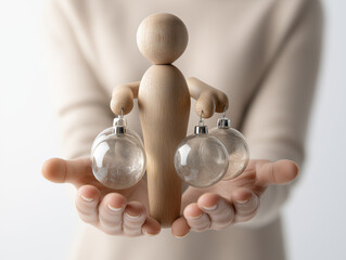 Wooden mannequin balancing elegant glass Christmas ornaments in hands, conveying harmony, care, and the magic of the holiday season, captured in minimalistic style with a bright white background.
