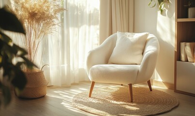 Sunlit room with serene ambiance, creating a calming atmosphere. Soft shadows and streaming sunlight enhance the cozy furnishings, making it ideal for home decor content, Generative AI