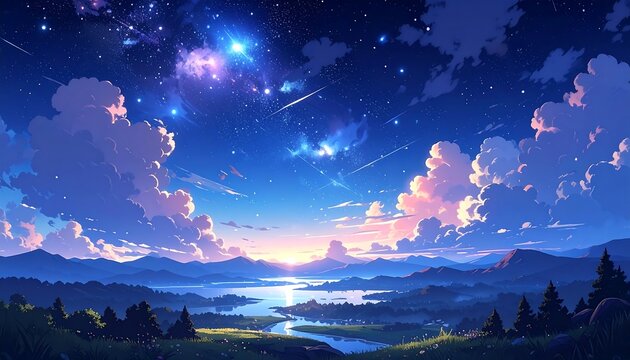 Animated celestial landscape showcasing a vibrant sky filled with stars, shooting trails, fluffy clouds over a serene river and hilly terrain