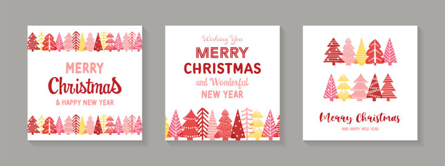 Cute Christmas tree greeting card set. Abstract design. Vector illustration