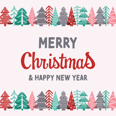 Colourful Christmas tree greeting card. Hand drawn decorations. Vector illustration