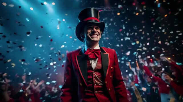 Dynamic video scene of a joyful ringmaster in a red suit, captured from a low angle, with confetti and vibrant stage lights in the background.