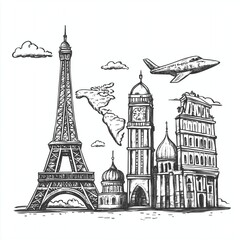 Obraz premium Iconic World Landmarks Hand Drawn Sketch Vector Illustration for Travel Tourism and European Architecture Background