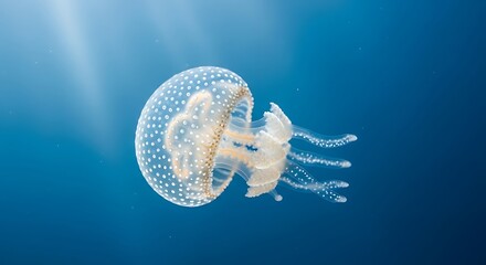 Translucent jellyfish with delicate tentacles drifts gracefully in deep blue ocean water with sunbeams