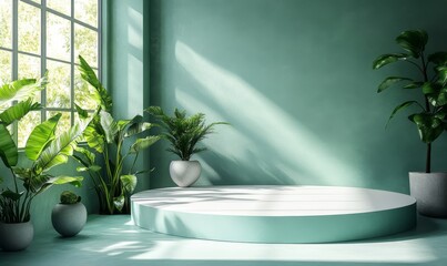 Podium design in a green studio setting for product placement, advertising, and marketing. This beautiful platform provides a professional space for showcasing business branding, Generative AI