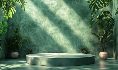 Podium design in a green studio setting for product placement, advertising, and marketing. This beautiful platform provides a professional space for showcasing business branding, Generative AI
