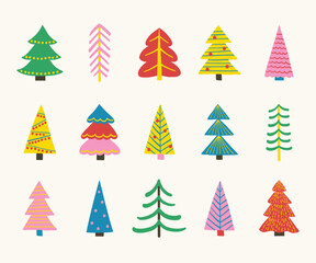 Cartoon Christmas tree icon collection. Abstract ornaments design. Vector illustration