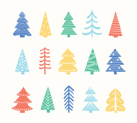 Colourful Christmas tree icon set. X-Mas decorations concept. Vector illustration