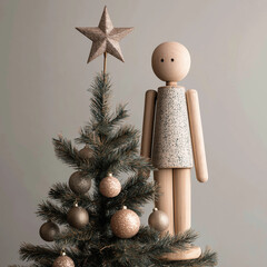 Wooden mannequin decorating Christmas tree with star topper and glitter ornaments, expressing hope.