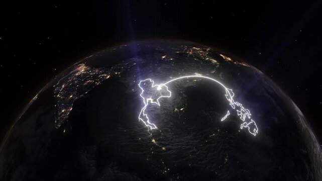 Realistic 3D Earth Night Flight Path Arc from Manila Philippines to Bangkok Thailand