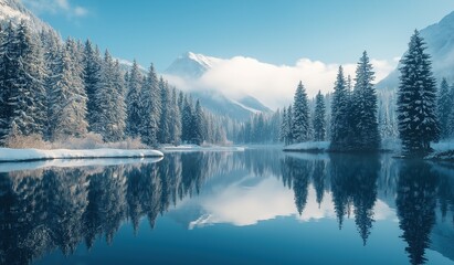 Serene winter landscape with snow covered pine trees reflecting in the calm ice blue waters of a lake surrounded by mountains.