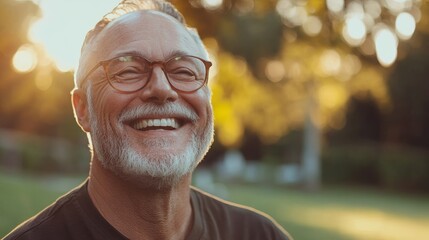 Mature man laughing outdoors, embodying peace, contentment, and vitality. A joyful, confident expression radiates positivity and joy, perfect for personal growth and happiness visuals, Generative AI