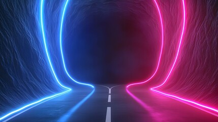 Fototapeta premium The image showcases an abstract road diverging into two brightly lit paths, one illuminated with blue neon lights and the other with pink, giving a modern and surreal feel.