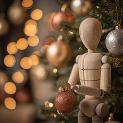 Wooden mannequin decorating Christmas tree with shiny ornaments and lights, symbolizing festive joy and creativity.