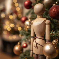 Wooden mannequin decorating Christmas tree with shiny ornaments and lights, symbolizing festive joy and creativity.
