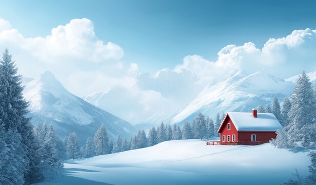 A red house in the snow surrounded by mountains and trees under a blue sky with white clouds in a serene winter landscape.