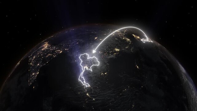 Realistic 3D Earth Night Flight Path Arc from Osaka Japan to Bangkok Thailand