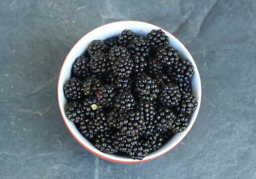 Sweet ripe blackberries, lat. Rubus fruticosus Thornless in a red bowl. Detail of a bowl full of ripe blackberries on the stone table. Flat lay.
