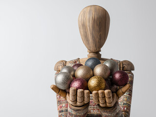 Wooden mannequin displaying glittering ornaments in hands, symbolizing Christmas preparation and winter celebration, captured in modern minimal aesthetic with vivid details and white background.
