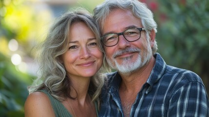 Mature couple, portrait of a man and woman bonding outdoors, radiating positivity and love. Ideal for content creation, happiness, and romantic exploration in an outdoor, serene, Generative AI