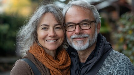 Mature couple, portrait of a man and woman bonding outdoors, radiating positivity and love. Ideal for content creation, happiness, and romantic exploration in an outdoor, serene, Generative AI