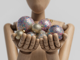 Wooden mannequin displaying glittering ornaments in hands, symbolizing Christmas preparation and winter celebration, captured in modern minimal aesthetic with vivid details and white background.