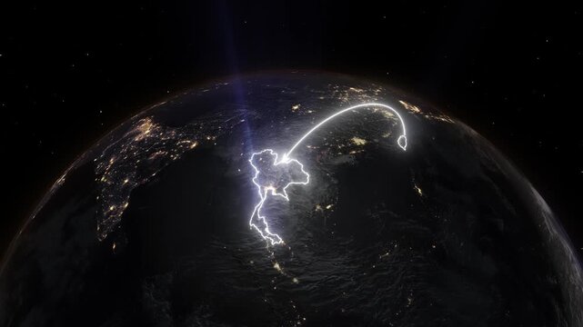 Realistic 3D Earth Night Flight Path Arc from Taipei Taiwan to Bangkok Thailand