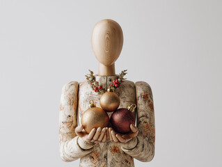 Wooden mannequin displaying glittering ornaments in hands, symbolizing Christmas preparation and winter celebration, captured in modern minimal aesthetic with vivid details and white background.