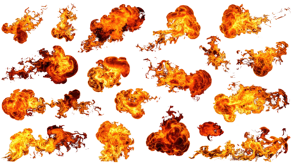 Diverse collection of twenty fluid, dynamic orange-red fire and smoke formations against a dark background