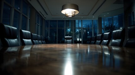 Plakat Empty corporate boardroom table with leather chairs, nighttime city view, power and decision-making concept