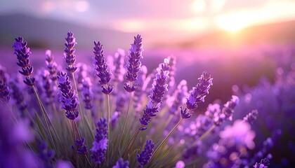 Obraz premium Vibrant Lavender Field Under Golden Sunset With Gentle Hills And Purple Haze In The Background