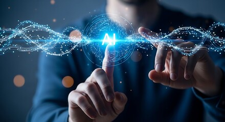 Close up of a person s hands interacting with a glowing blue digital network of data and light particles