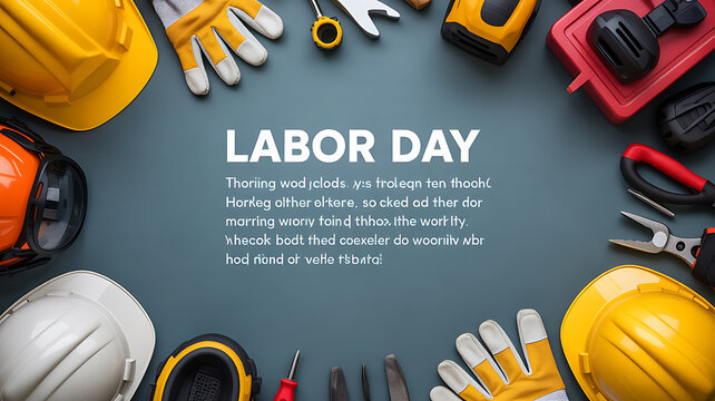 Labor Day celebration with construction tools and safety equipment arranged around text on a dark background - Powered by Adobe