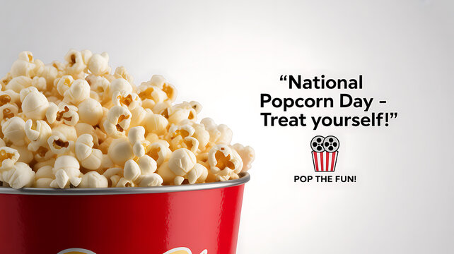 National Popcorn Day celebration with a red bucket filled with popcorn and promotional text