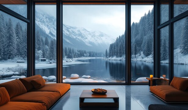 Luxurious modern living room with large windows overlooking snowy mountains, a lake, and snow-covered pine trees on a serene winter evening. - Powered by Adobe