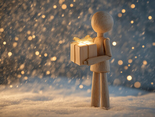 Wooden mannequin holding a glowing gift box under snowfall, representing generosity, kindness, and the joy of giving during Christmas time.