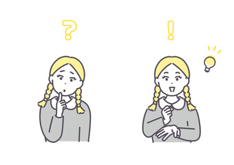 小学生の女の子のイラストセット　考える　ひらめき