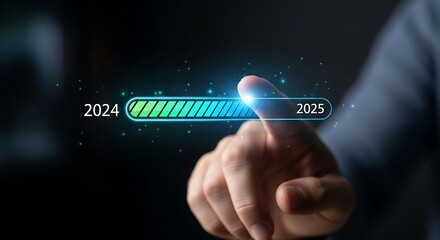 Hand touching glowing progress bar indicating transition from 2024 to 2025 with futuristic digital interface