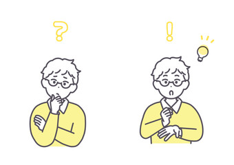 男の子が悩んでいる様子とひらめいた様子のイラストセット