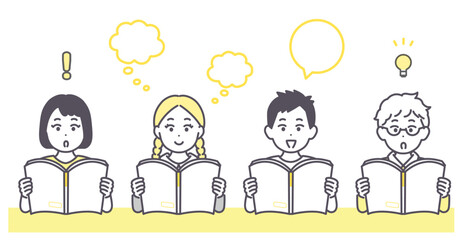 読書し、学ぶ４人の子どもたちのイラスト素材