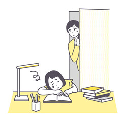 自宅学習が進まない女の子とそれを心配そうに見守る母親のイメージイラスト