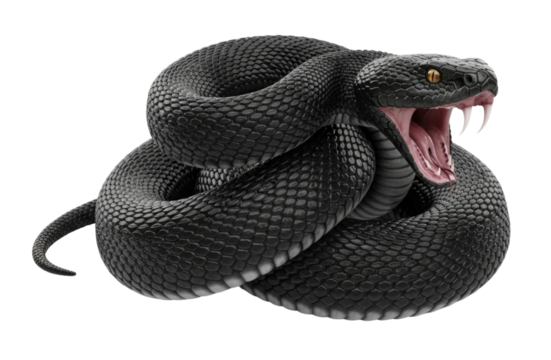 Fierce black rattlesnake ready to strike transparent background cutout png