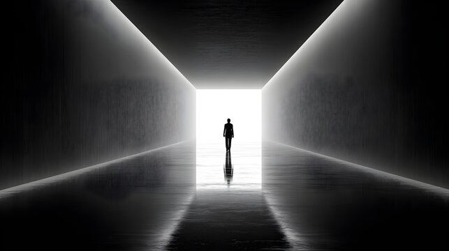 Silhouette of a man walking towards bright light in a minimalist concrete corridor
