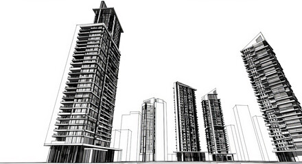 Business district of a big city in black and white art line style.