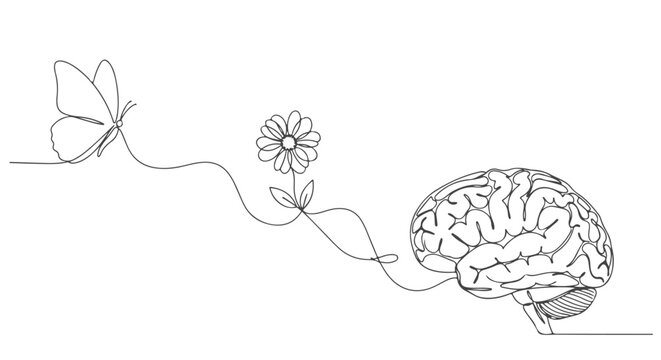 A single continuous one line drawing illustrating the creative connection between nature, with a butterfly and a flower, and the human brain
