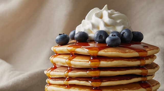 Stack of golden pancakes topped with blueberries, whipped cream, and syrup