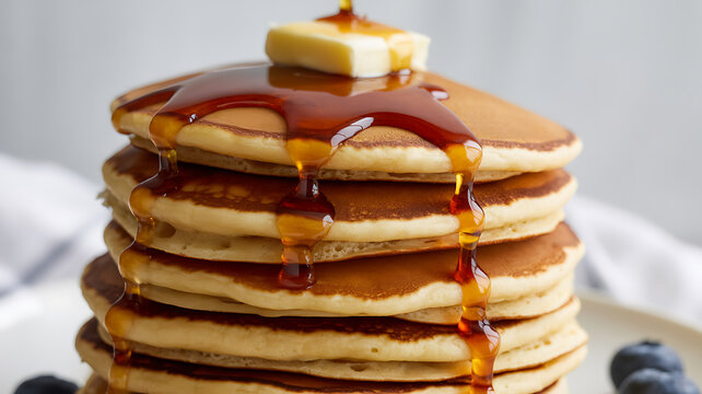 Stack of golden pancakes topped with butter and syrup, drizzling down the sides