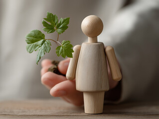 Wooden mannequin holding a small green plant sprouting from its hand, representing hope, growth, and renewal through mindful living and self-care.
